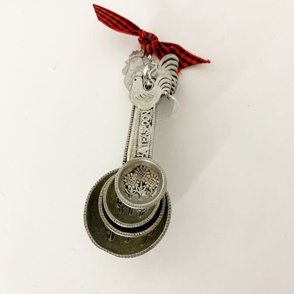 Ganz Measuring Spoons Set Rooster Chickens Sunflowers Embossed Silver Metal - Picture 3 of 4